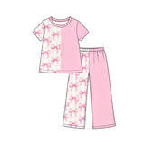 Short sleeves pink bow top pants girls outfits