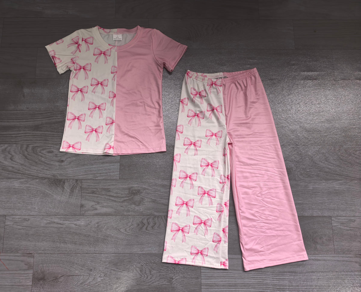 Short sleeves pink bow top pants girls outfits