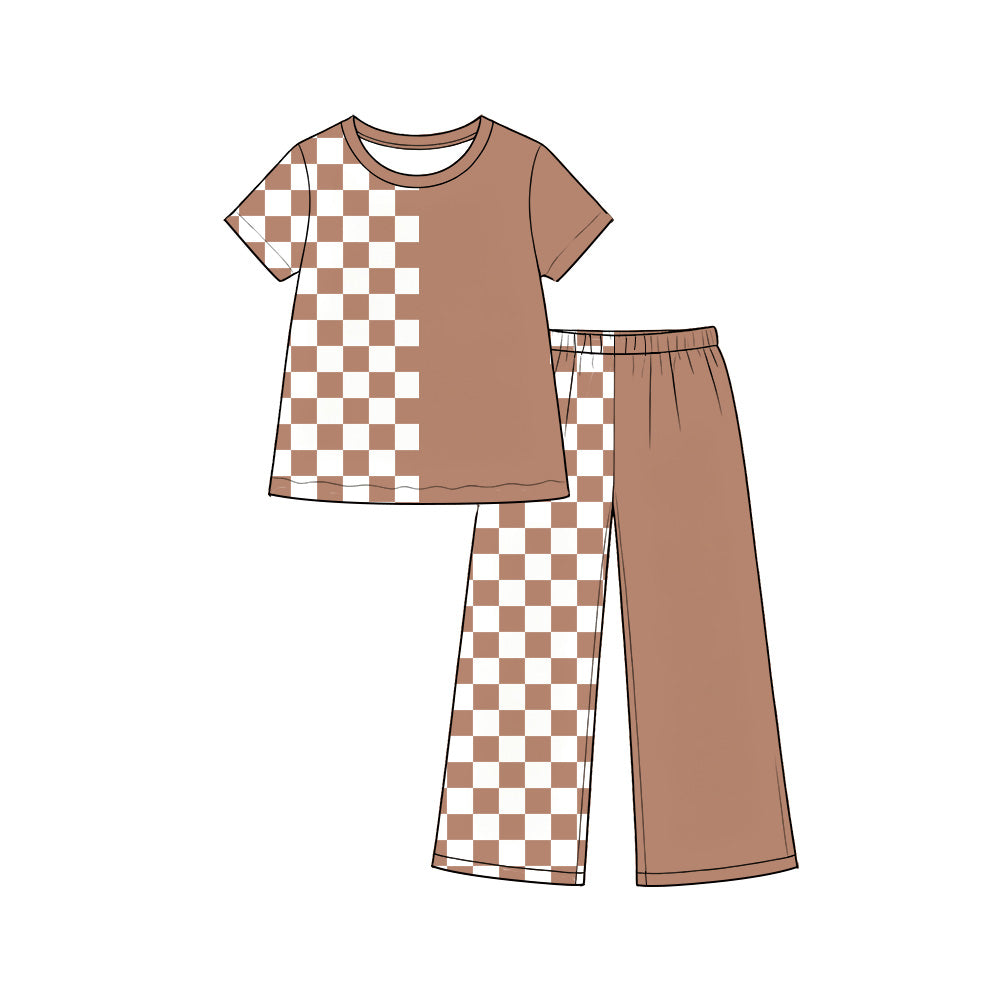 Short sleeves khaki plaid top pants girls outfits