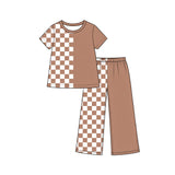 Short sleeves khaki plaid top pants girls outfits