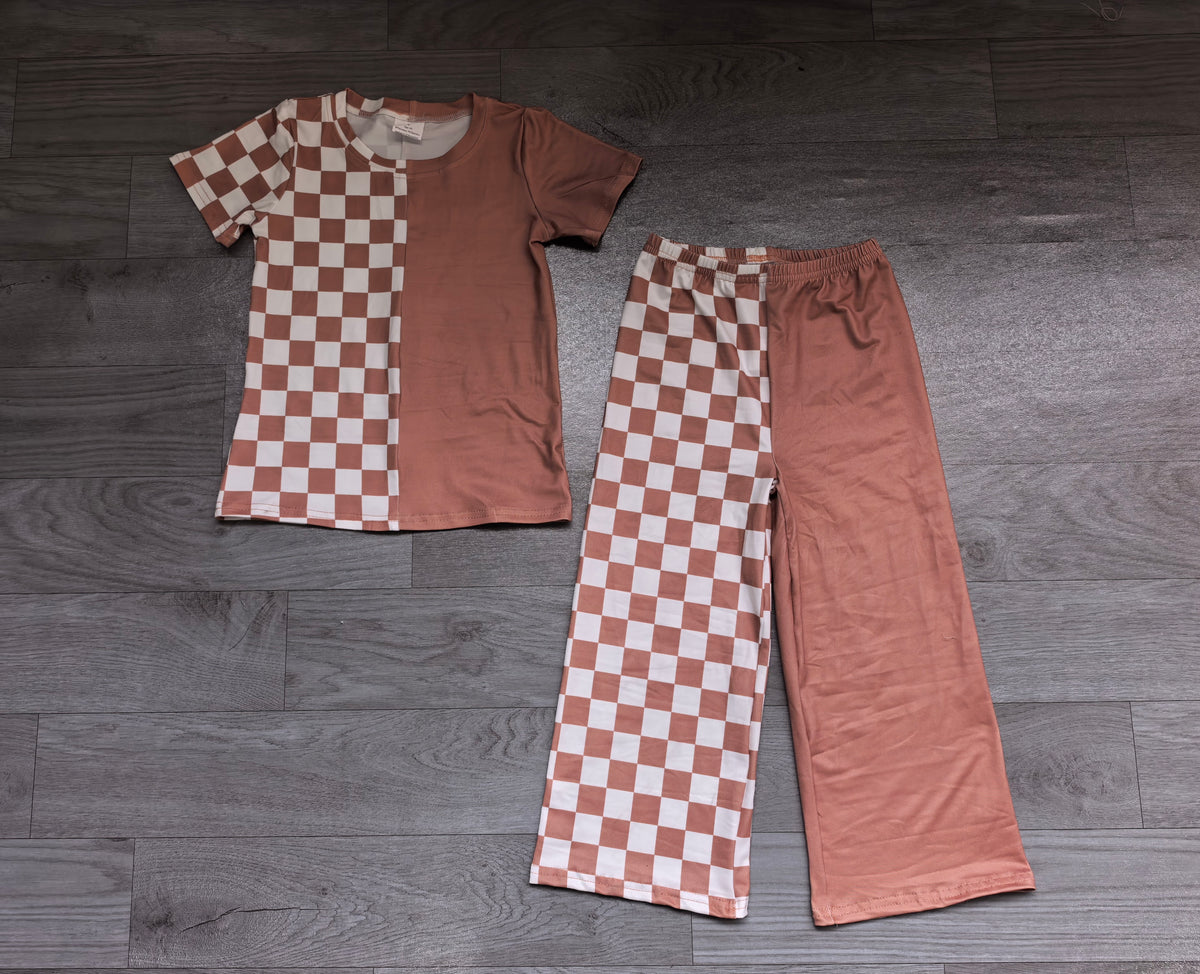 Short sleeves khaki plaid top pants girls outfits