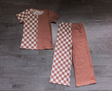 Short sleeves khaki plaid top pants girls outfits