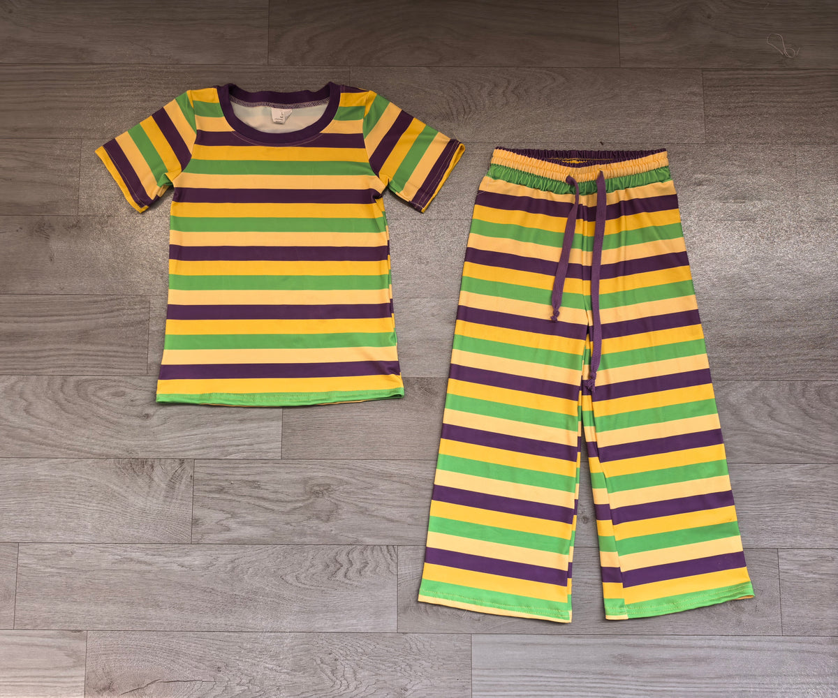 Short sleeves stripe kids girls Mardi Gras outfits