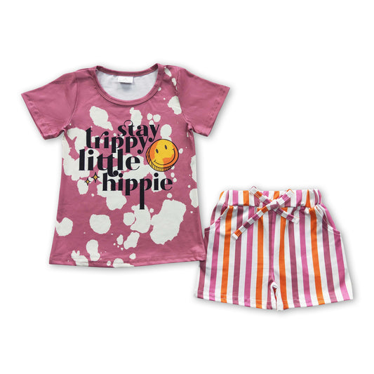 Stay trippy little hippie smile shirt sripe shorts girls outfits