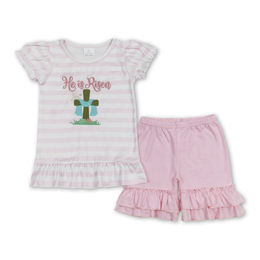 Pink stripe He is risen top ruffle shorts girls easter clothes