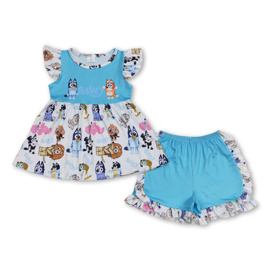 Blue dogs tunic ruffle shorts kids girls outfits