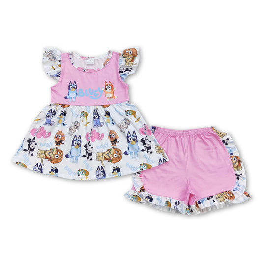 Pink dogs tunic ruffle shorts kids girls outfits
