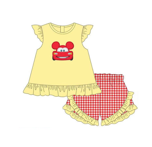 Yellow cars top plaid shorts girls summer clothing