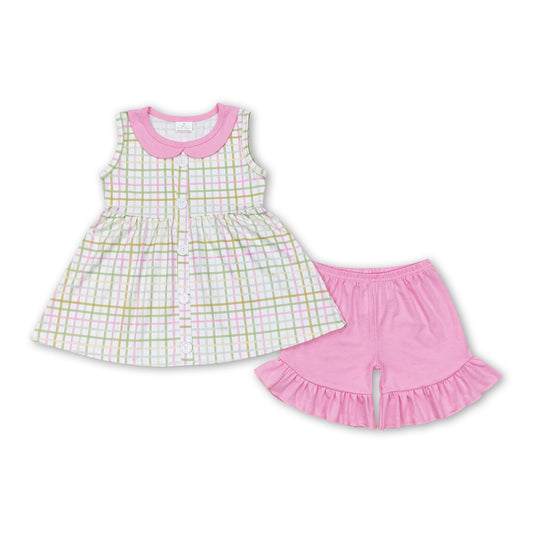 Sleeveless pink green plaid tunic shorts girls summer outfits