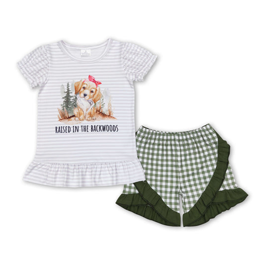 Grey stripe dog top olive plaid shorts girls clothing set