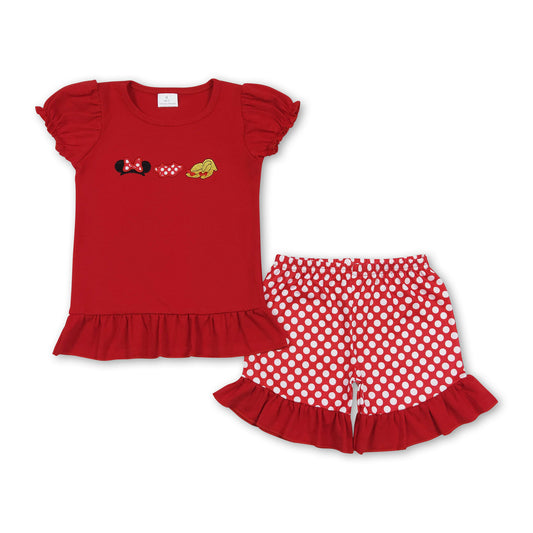Red short sleeves mouse top ruffle shorts girls outfits