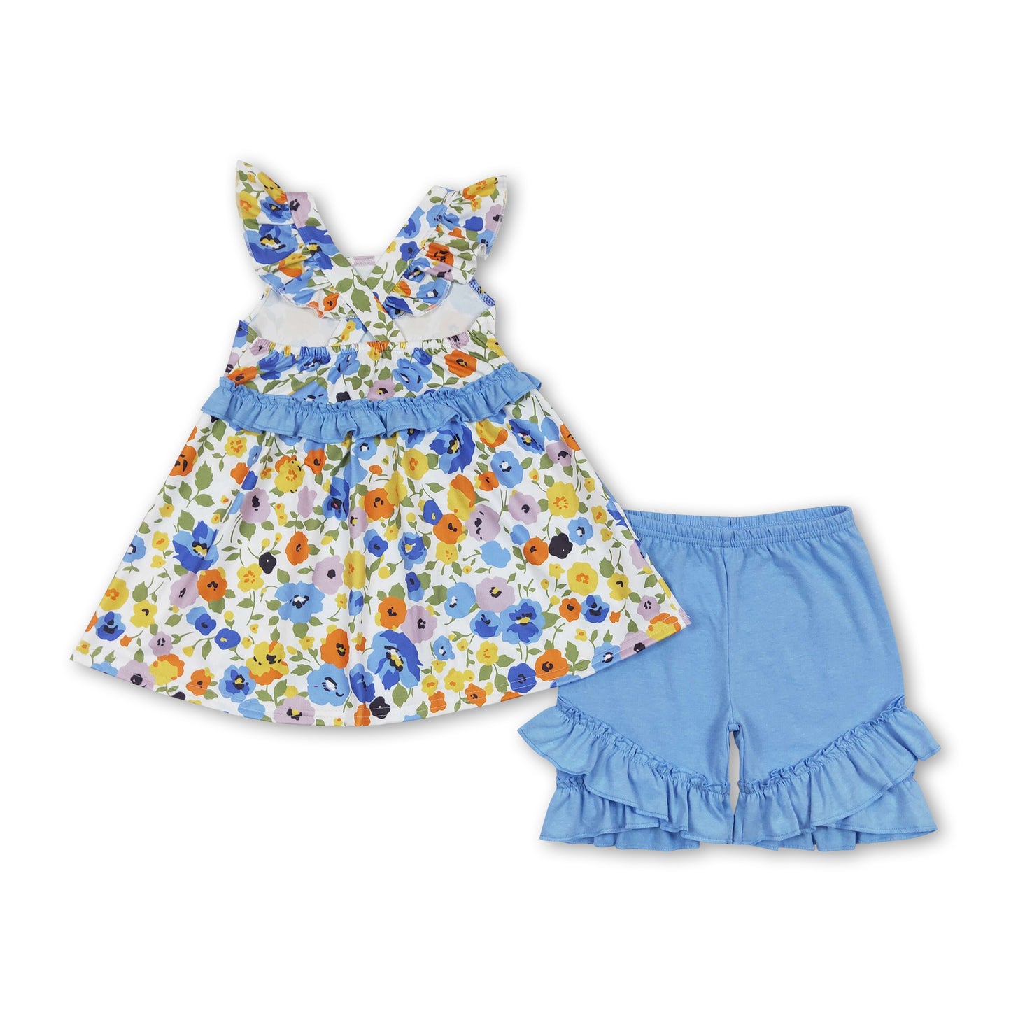 Blue floral tunic ruffle shorts girls summer clothes