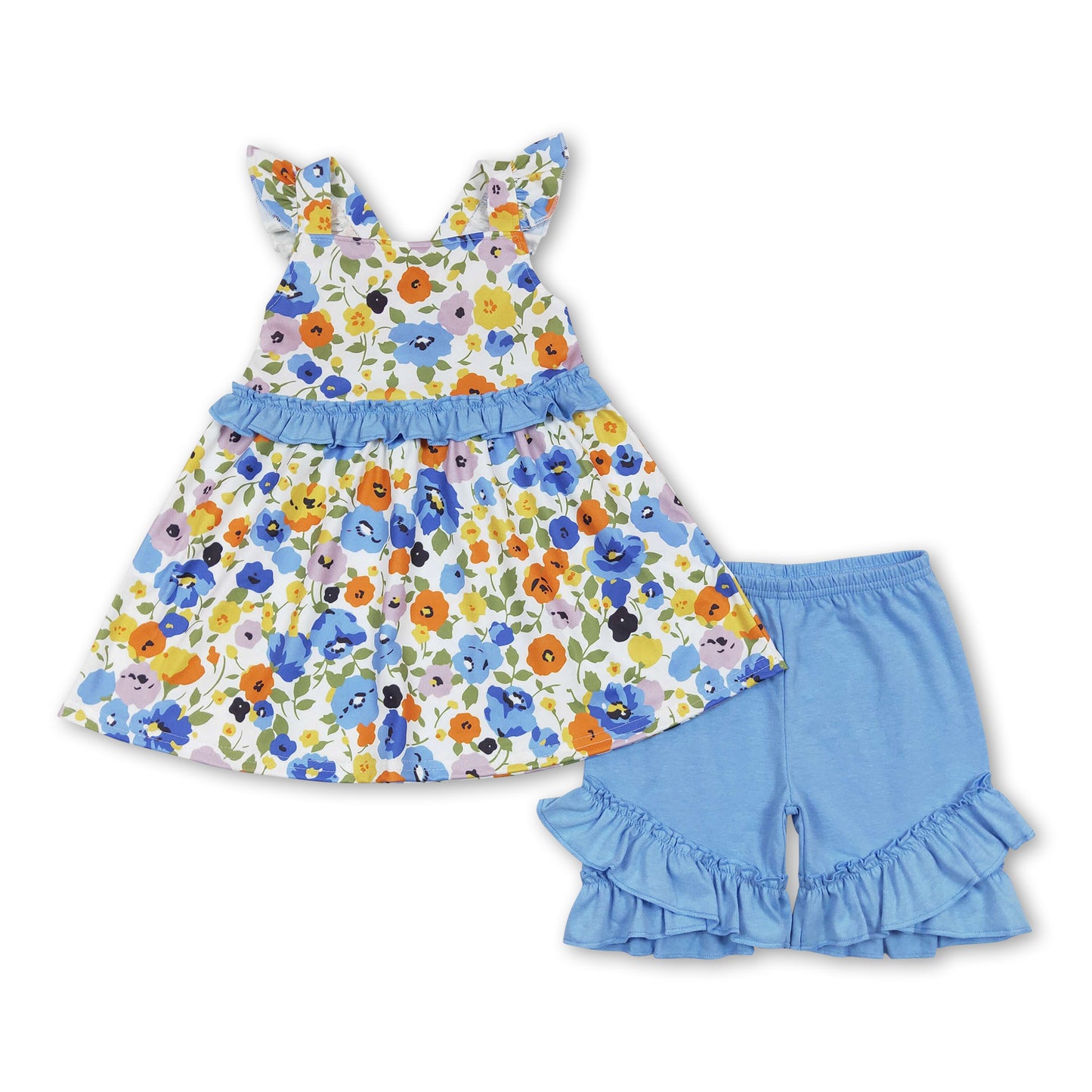 Blue floral tunic ruffle shorts girls summer clothes