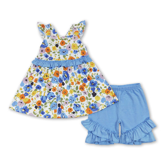 Blue floral tunic ruffle shorts girls summer clothes