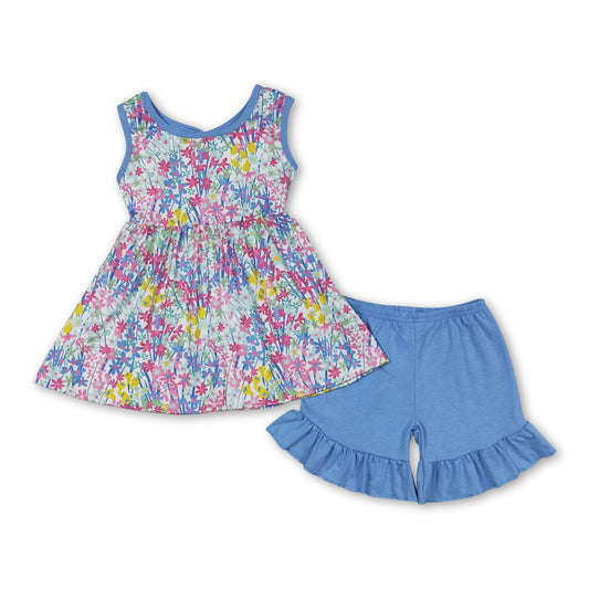 Sleeveless floral tunic ruffle shorts girls summer clothes