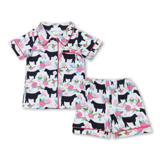 Cow pink floral kids girls button down summer pajamas