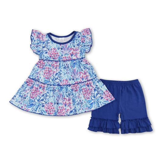 Blue floral tunic ruffle shorts girls summer outfits