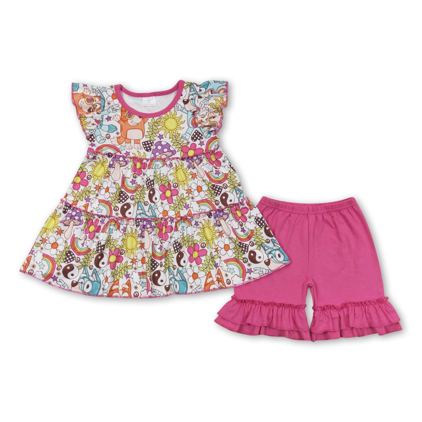 Sun rainbow floral dogs kids girls summer set