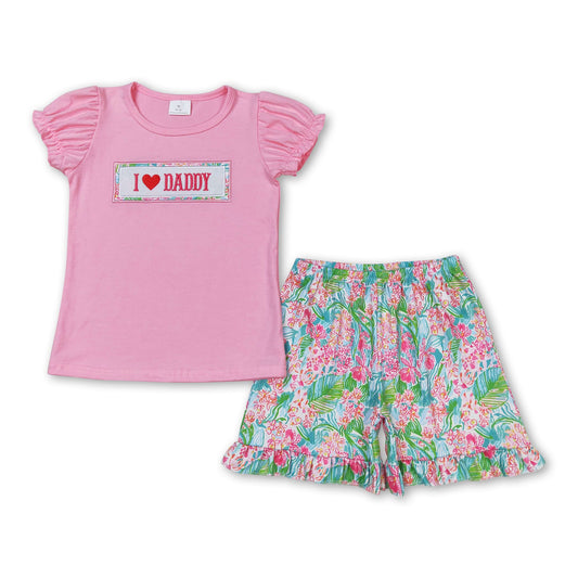 Pink I love DADDY top ruffle shorts girls clothing set