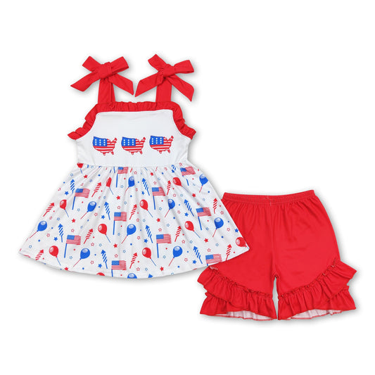 Straps balloon flag tunic shorts girls 4th of july outfits
