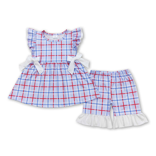 Flutter sleeves plaid bow tunic shorts girls summer clothes