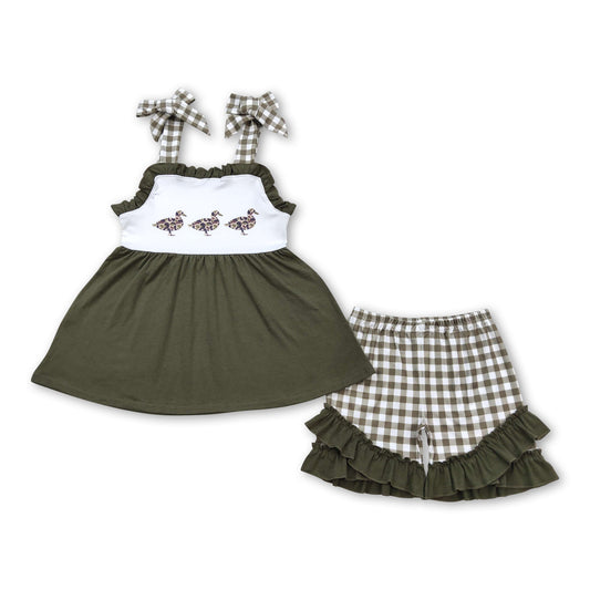 Olive plaid straps duck tunic shorts girls clothing set