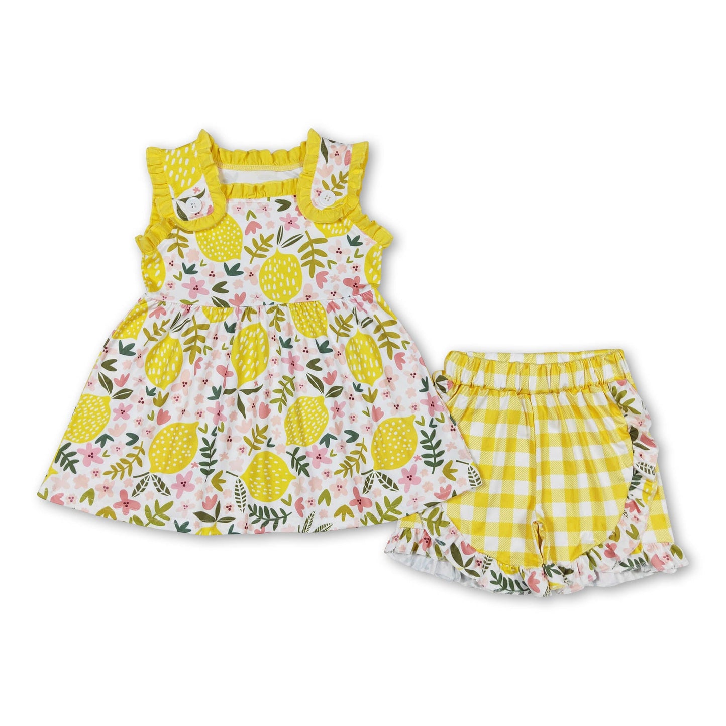 Sleeveless lemon floral tunic shorts girls summer clothing