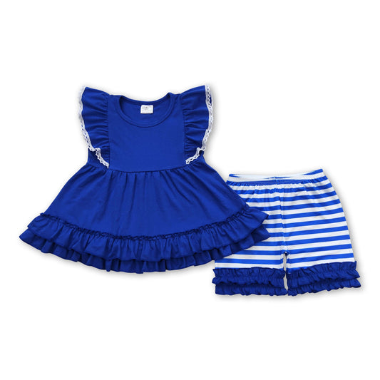 Blue ruffle tunic stripe shorts girls summer clothes