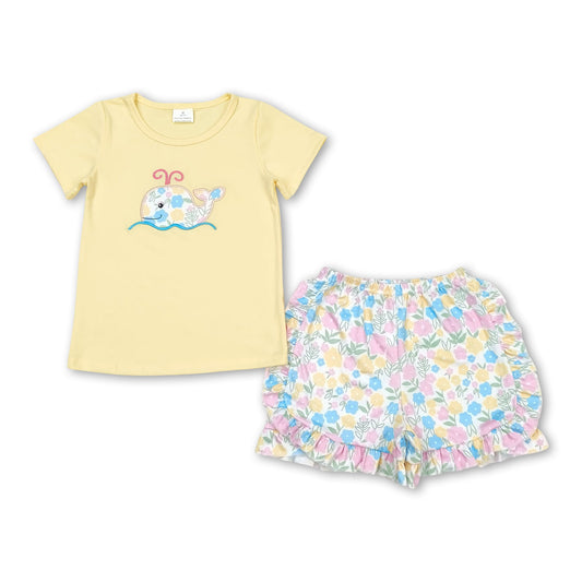 Yellow floral whale top shorts girls summer clothes