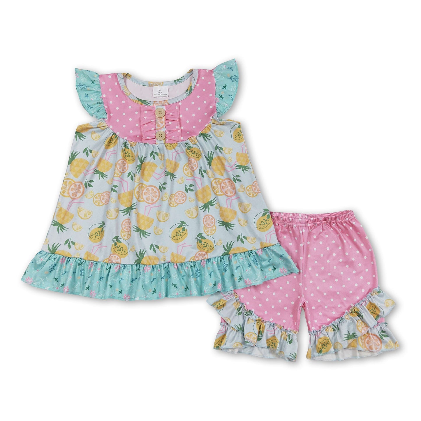 Flutter sleeves lemon top ruffle shorts girls summer set