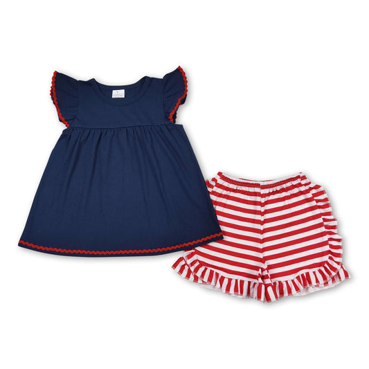 Navy flutter sleeves top stripe shorts girls 4th of july set