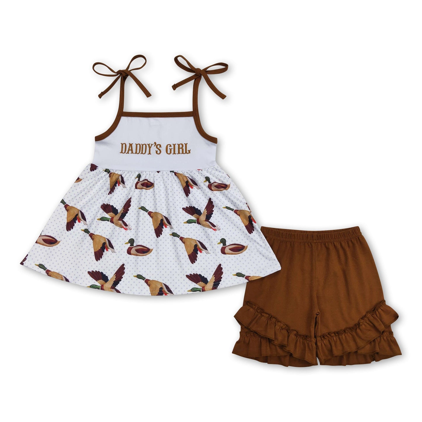 Brown straps duck tunic shorts girls clothing set