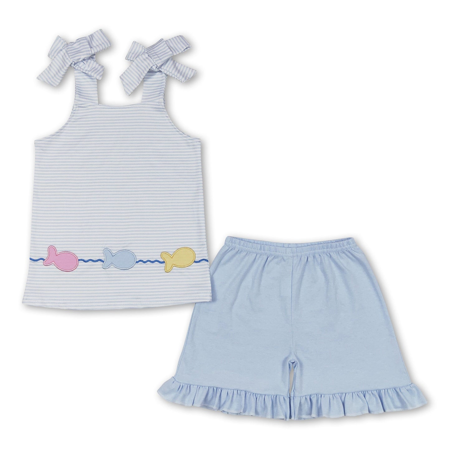 Straps stripe fish top ruffle shorts girls summer clothes