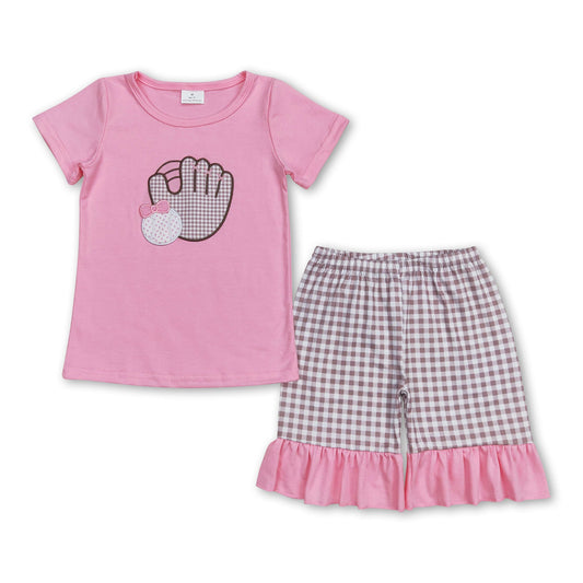 Pink baseball shirt plaid shorts girls clothing set