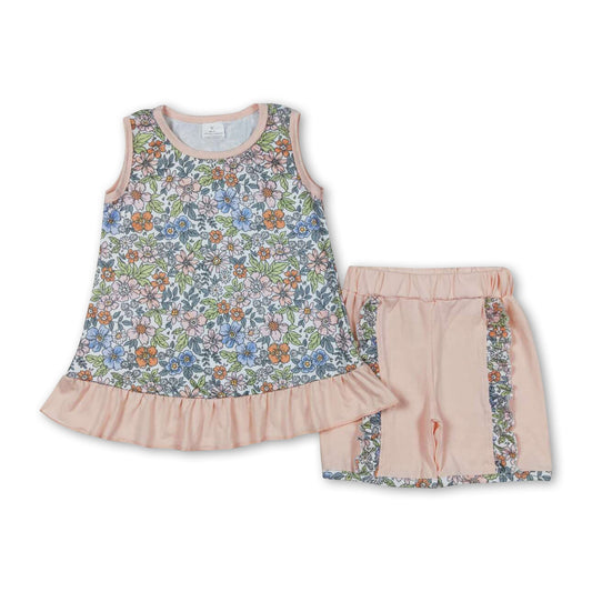 Sleeveless floral ruffle top shorts girls clothing set