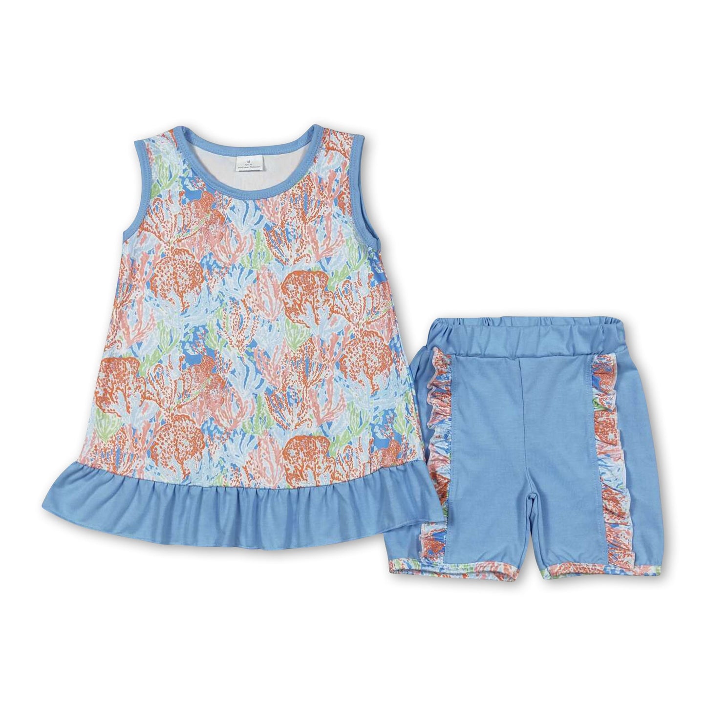 Sleeveless seaweed ruffle top shorts girls clothing set