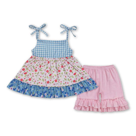Floral tunic ruffle shorts girls summer clothing