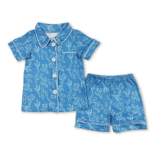 Blue cactus pocket top short girls summer pajamas