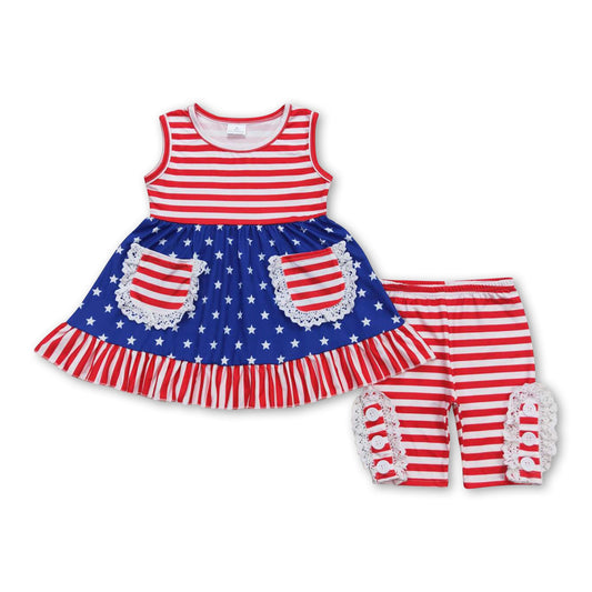Sleeveless stripe stars pockets girls 4th of july clothes