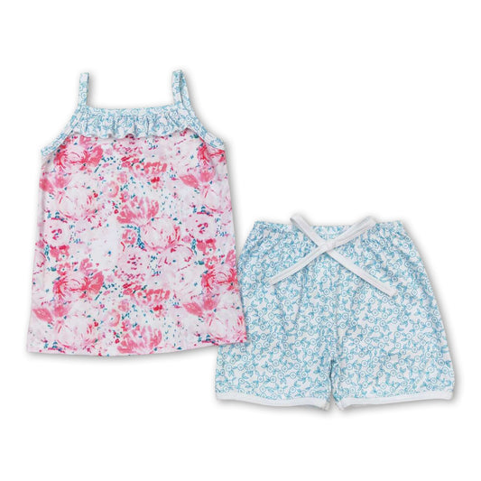 Pink floral ruffle top shorts girls summer clothing