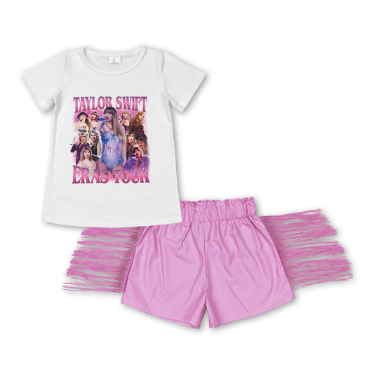 White top pink tassels leather shorts singer girls set