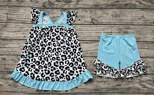 Flutter sleeves leopard top ruffle shorts girls clothes
