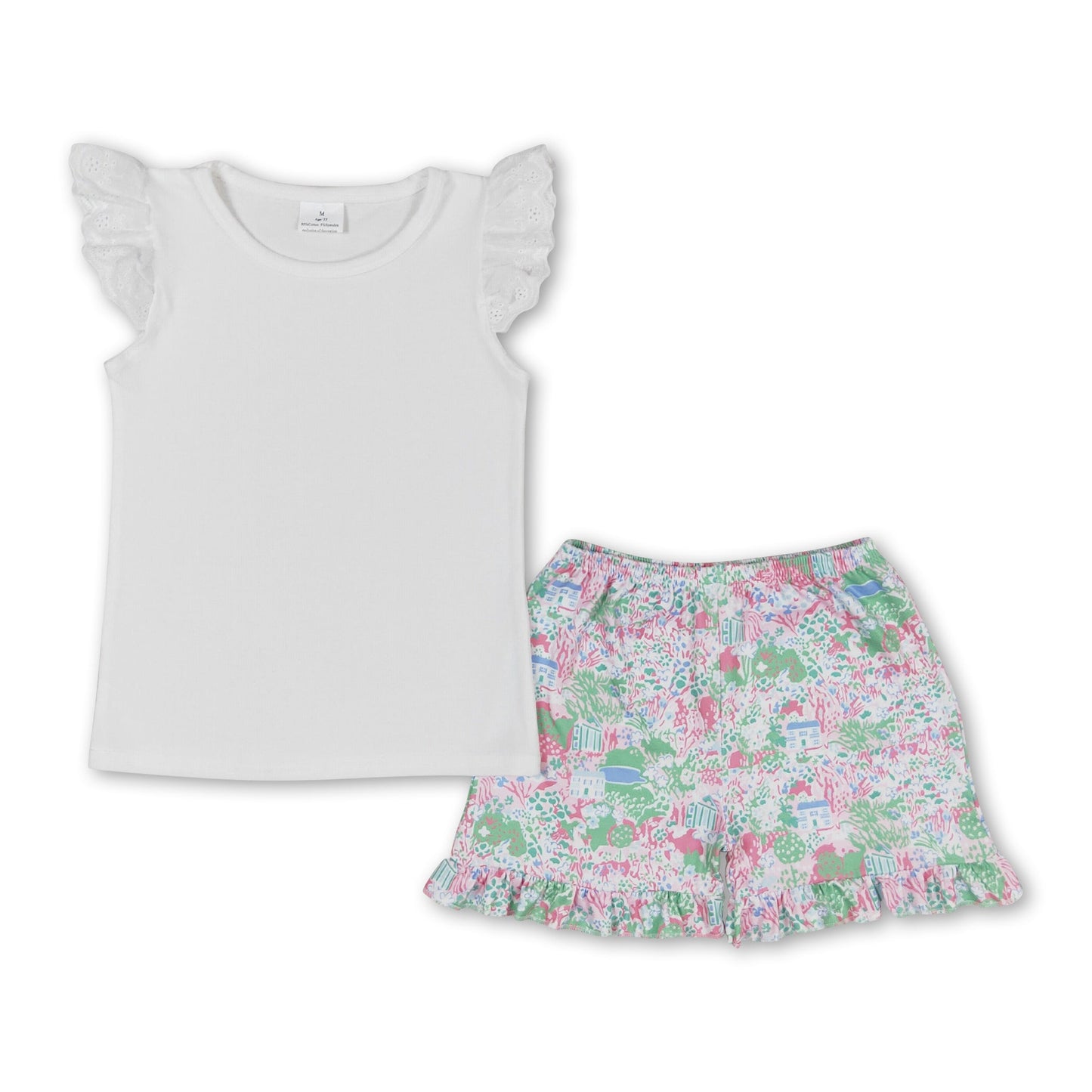 White top watercolor ruffle shorts girls summer clothes