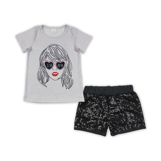 Heart glasses top black sequin shorts singer girls clothes