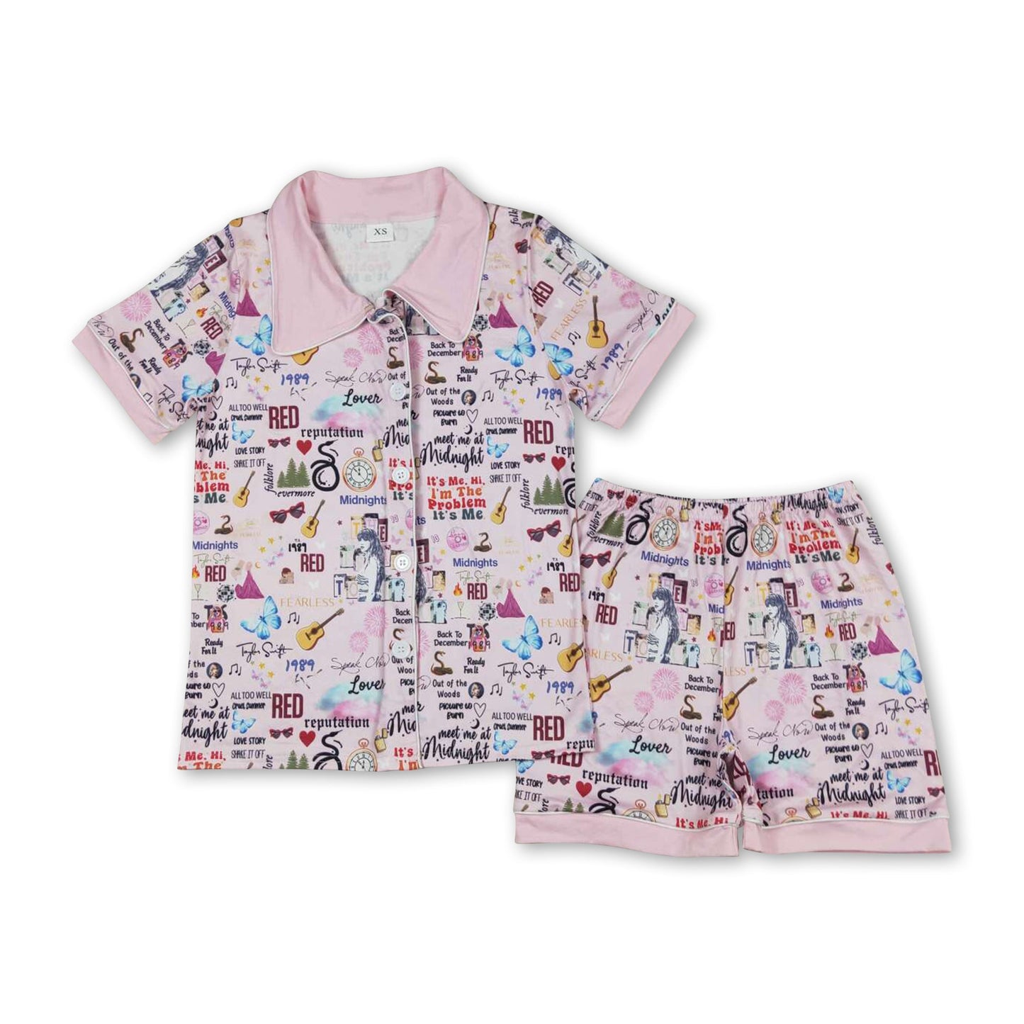 Pink short sleeves butterfly guitar singer adult women pajamas