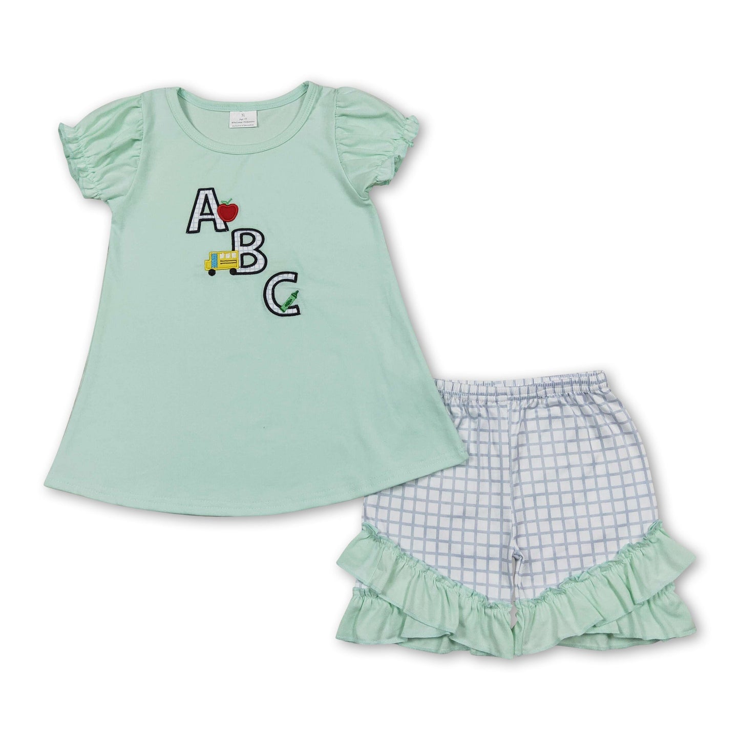 ABC apple pencil top plaid shorts girls back to school set