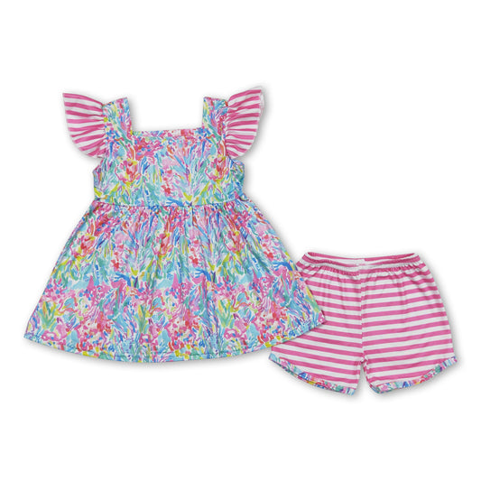 Pink stripe flutter sleeves watercolor tunic shorts girls set