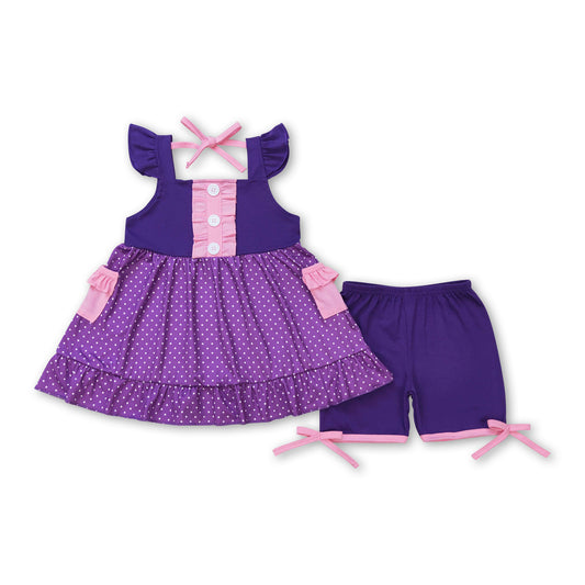 Purple pink polka dots pockets princess girls clothes