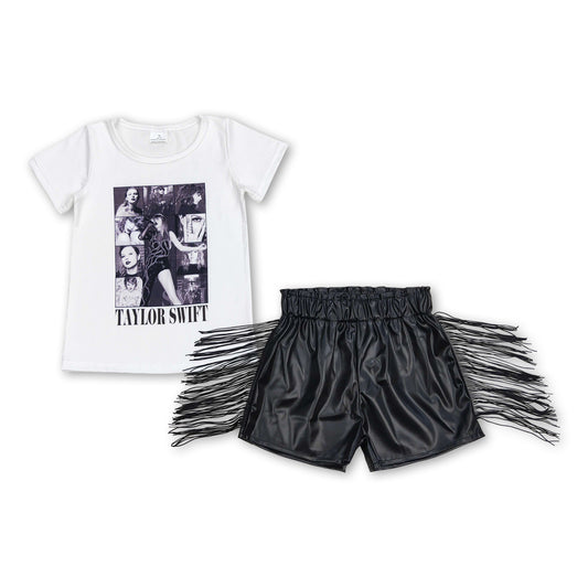 White top black tassels leather shorts singer girls clothes