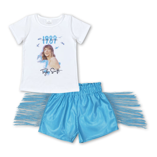 White top blue tassels leather shorts singer girls clothes